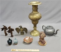 Table Grouping: Sculptures, Teapot, Brass Vase...