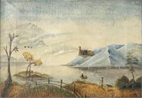 Old Folk Art Painting, Lake Scene with Figures.