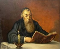 Painting of a Rabbi Reading a Book by A. Straski.