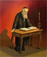 Painting of a Rabbi at a Table by A. Straski.