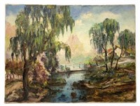 Painting of River, Trees & Houses by E. Parisi.