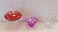 PEDESTAL CANDY DISH, CRUET, PINK DISH