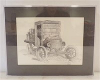 PENCIL DRAWING OF OLD CAR SIGNED BY V. SOLANO....