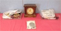 OLD CLOCK & 2 CONTAINERS OF CLOCK PARTS