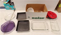 BOX OF BAKING DISHES - CAKE PANS, PIE PANS ETC