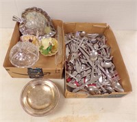 FLATWARE, SILVERPLATE FOOTED DISH, FIGURINES.....