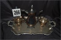 Silver Plated Tray, Tea Kettle, Creamer, and