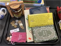 Foreign coins, Sketch Book, books, bank.