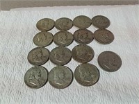 15 Franklin half dollars various dates and mint