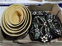 Pottery covered casseroles and ashtray set?