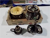 Pottery dish set vegetables, coffee pot, candle
