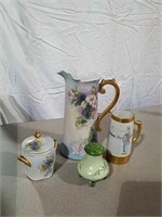 Vintage painted pitcher, sugar shaker, mug and