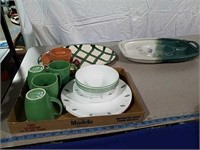 Two boxes Corelle, platter and pottery relish