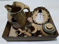 Snowman themed pitchers, sugar and creamer and