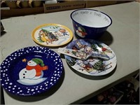 Snowman themed plates, bowl and server