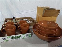 Three boxes 8 planter mugs with saucers, salad