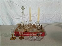 Decanter, candlesticks and cordials