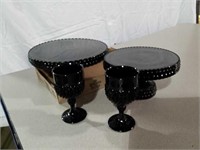 Black glass pedestal cake plates and stemware 8