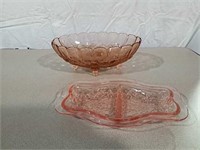 Pink glass footed bowl and divided relish