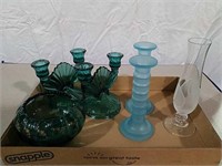 Teal colored glass bowl  and candlesticks, Aqua