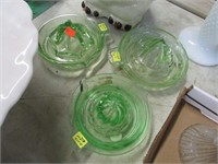 3-- GREEN DEPRESSION GLASS JUICERS / REAMERS