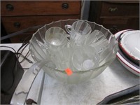 DEPRESSION GLASS PUNCH BOWL W/ CUPS