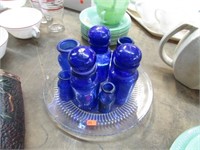 BLUE GLASS BOTTLES & DISH