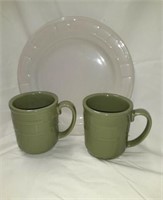 Longaberger Cream Colored Plate and 2 Green Mugs