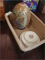 Nice basket with large decor egg & stand + dishes