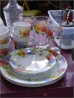 Group of floral print Corelle Corning dishes.
