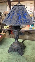 Table lamp. Blue stained glass in shade. Heavy