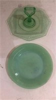 Green glass pair. Plate is Fire King