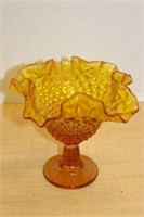 AMBER COLORED GLASS RUFFLED EDGE COMPOTE