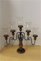 WOODEN CANDLE STICK WITH 5 ARMS W/GLASS