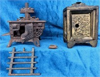 CAST IRON JEWEL SAFE AND QUEEN TOY STOVE