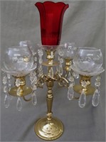 BRASS CLEAR/RED GLASS CANDLEHOLDER W/PRISMS