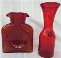 RED AMBERINA GLASS DOUBLE SPOUT CARAFE*RED VASE