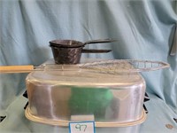 Kitchen Items: Fish Basket, (3) Enamelware Pots,