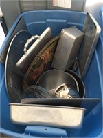 Tote of pots and pans and trays with no lid