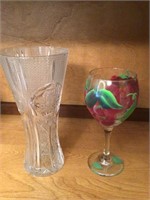 Pressed crystal vase & hand painted glass