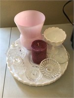 Milk glass server, pink glass vase, candle & more