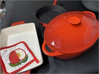 Red cast iron skillet, pot and Casserole Dish