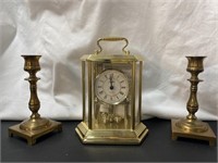 Hermle quartz clock & brass candleholders