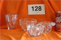 4 CRYSTAL DISHES/VASES/CANDLESTICK HOLDERS