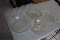 GLASS COVERED CASSEROLE, PIE PLATES, CUSTARD CUPS
