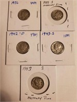1936, 39S, 42D, 43S, 43S Mercury Head Dimes (5)