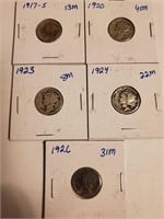 1917S, 1920,23, 24, 26 Mercury Head Dimes (5)