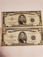 2 - $5 1953 AU Silver Certificates