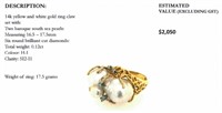 14k gold ring with 2 baroque pearls and diamonds