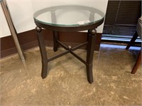 ROUND GLASS TOP END TABLE  WITH BRONZE METAL BASE